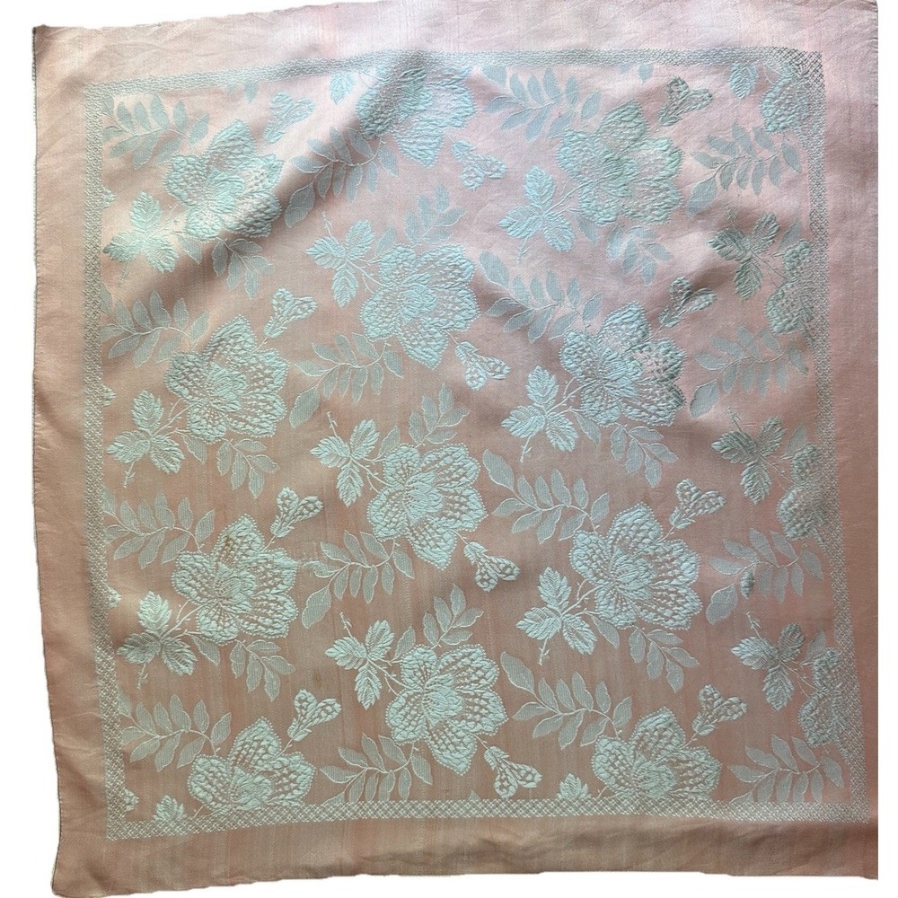 Silk Damask Scarf Reversible Floral Rose Motif Silvery Gray Dusty Pink VTG MCM